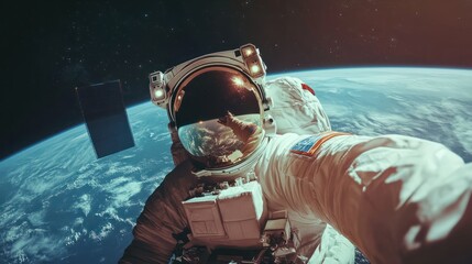 A space tourist astronaut taking a selfie with the Earth on the background