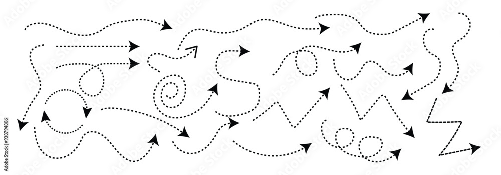 Poster set of simple lines hand drawn black arrows in various style. set of simple of hand drawn black dood