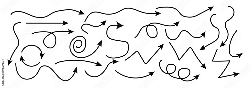 Poster set of simple lines hand drawn black arrows in various style. set of simple of hand drawn black dood