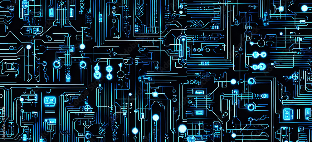 Poster blue computer circuit board with a seamless electronic design and digital patterns.