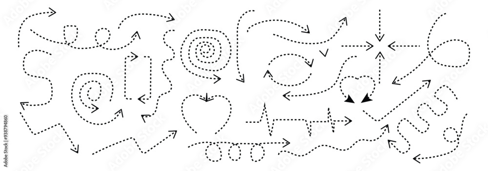 Poster set of simple lines hand drawn black arrows in various style. set of simple of hand drawn black dood