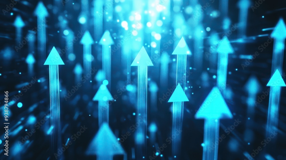 Poster abstract background with blue glowing arrows pointing upwards, representing growth and progress in t