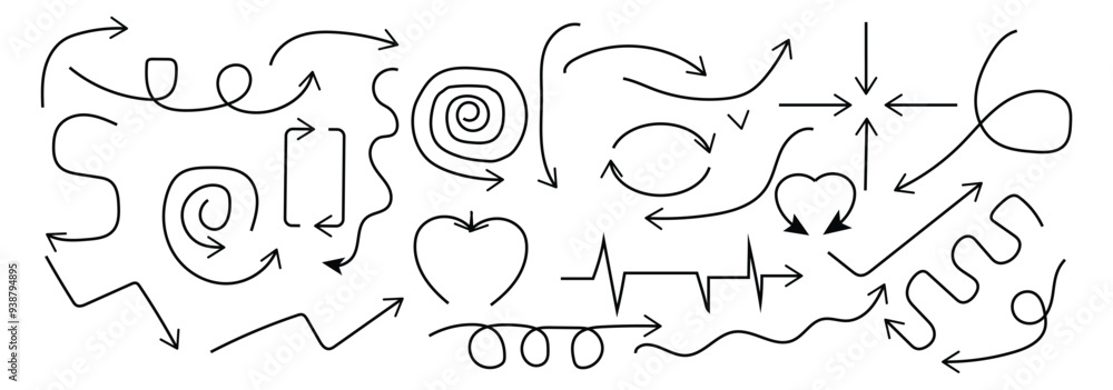 Poster set of simple lines hand drawn black arrows in various style. set of simple of hand drawn black dood