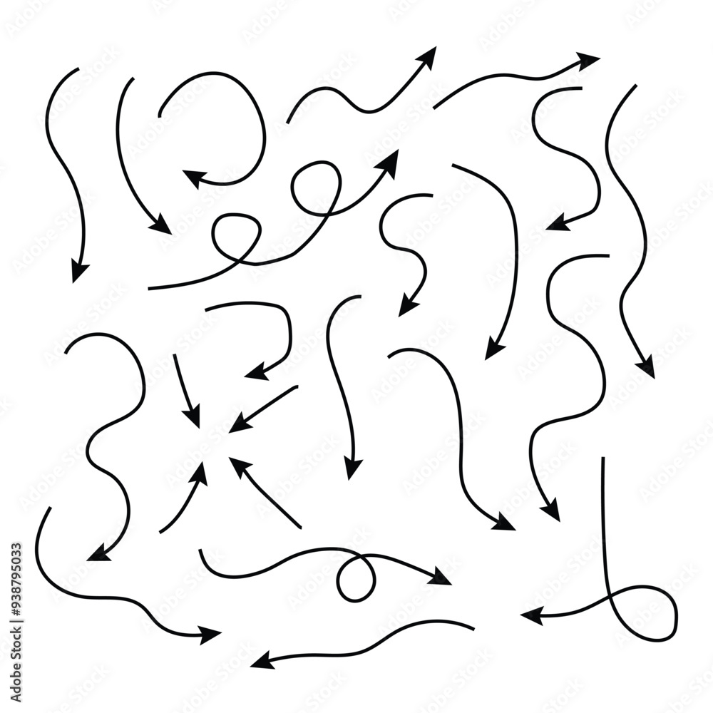 Poster set of simple lines hand drawn black arrows in various style. set of simple of hand drawn black dood