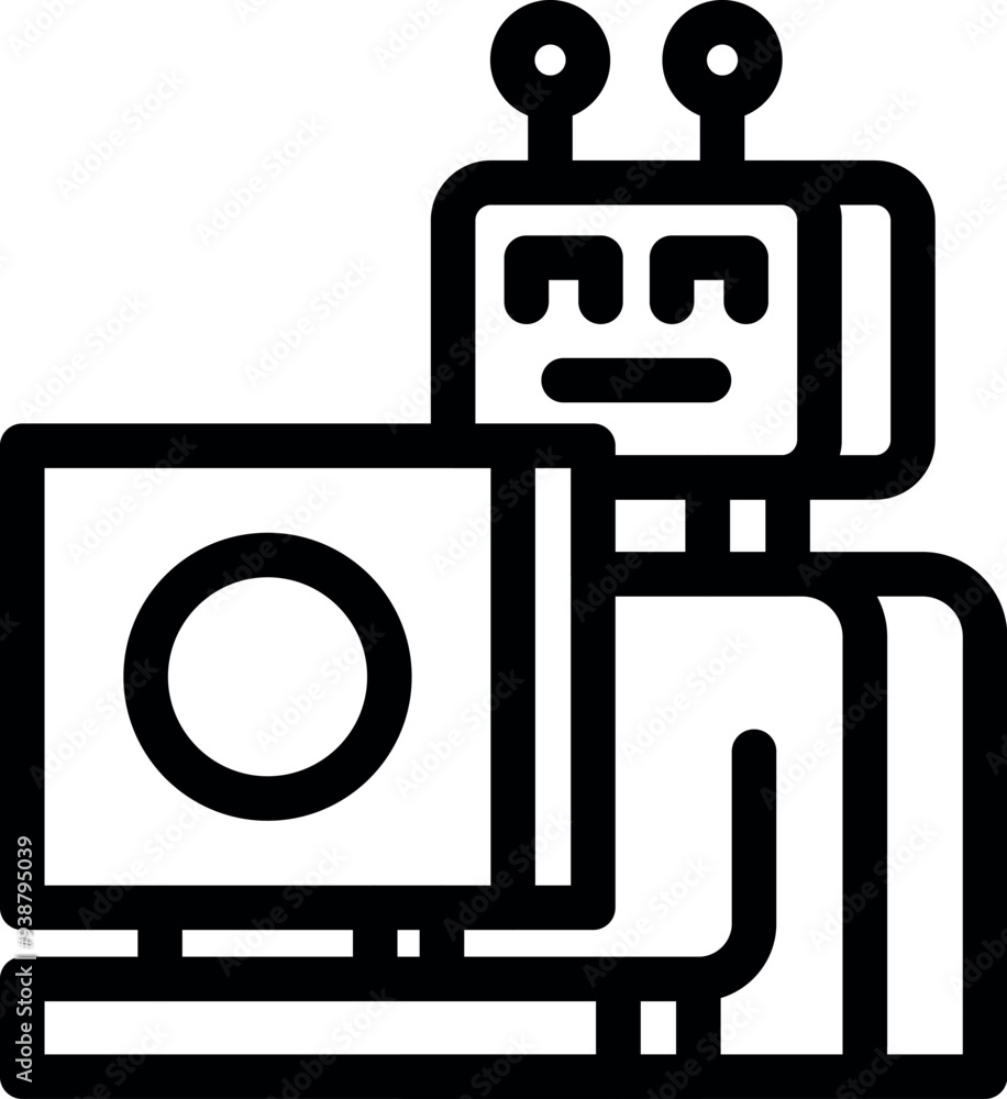 Poster robot is standing by a computer, potentially engaged in data analysis, programming, or machine learn