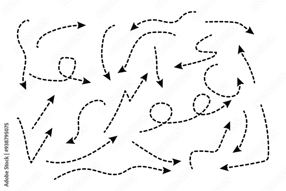 Poster set of squiggle line dashed arrows. dotted hand drawn curved arrow. doodle arrows of various shapes 