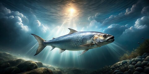 Fototapeta premium Glowing silver tarpon swims upwards from the murky depths, vector of light refracting through water molecules, aerial perspective conveying sense of weightlessness, 