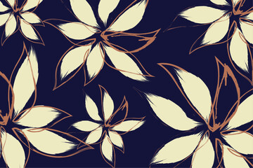 a dark navy blue background, which provides a strong contrast with the lighter elements. A Floral brush strokes seamless pattern design