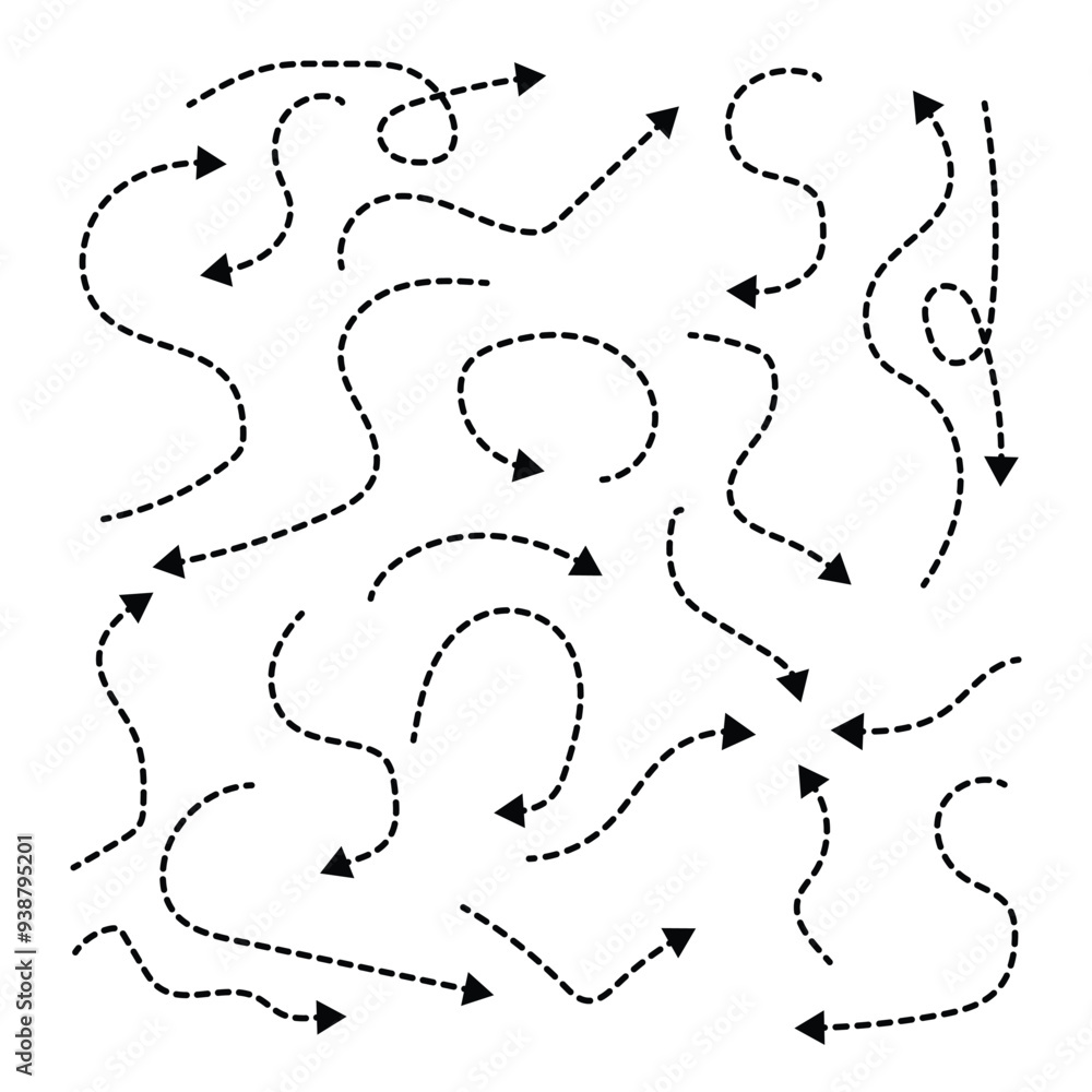Poster set of squiggle line dashed arrows. dotted hand drawn curved arrow. doodle arrows of various shapes 