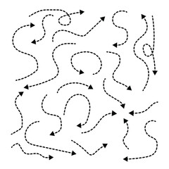 Set of squiggle line dashed arrows. Dotted hand drawn curved arrow. Doodle arrows of various shapes and directions.  Zigzag arrow stripes design with dotted lines. vector
