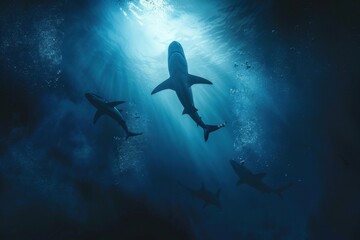 Obraz premium Silhouetted Sharks Swimming Underwater