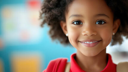 Adorable African American girl grinning with a school bag, featuring a sharp focus and vivid colors against a blurred backdrop with studio lighting for a high-quality portrait.