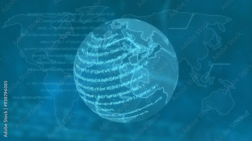 Poster rotating globe with coding animation over world map background in tech setting