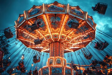 A carousel with many people riding it