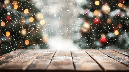 Wood table top on blur Christmas tree in snowfall background - can be used for display or montage your products