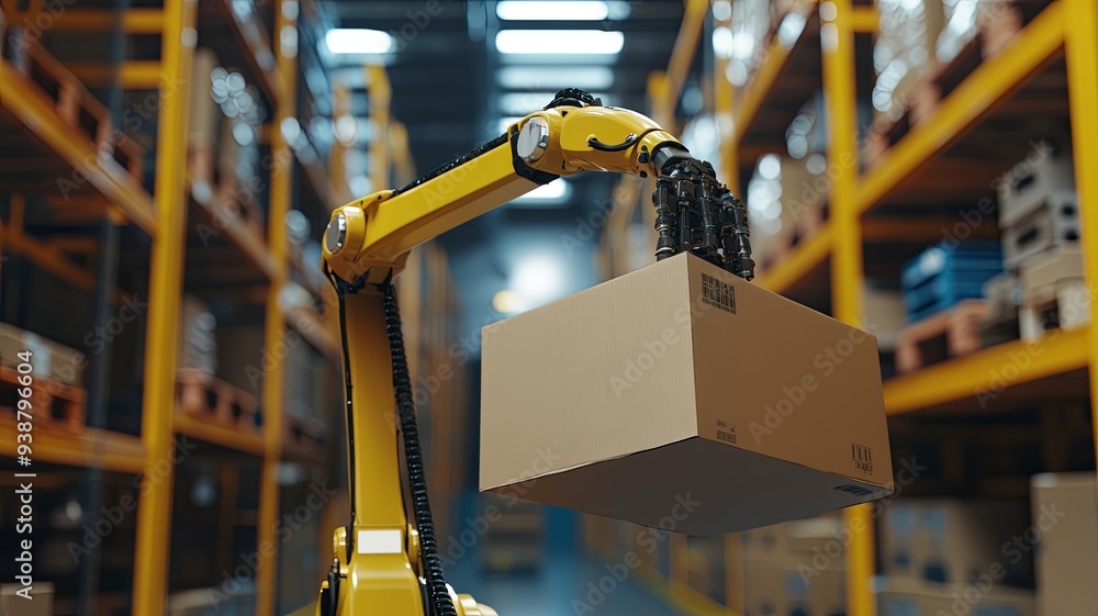 Wall mural yellow robotic arm carry cardboard box in warehouse