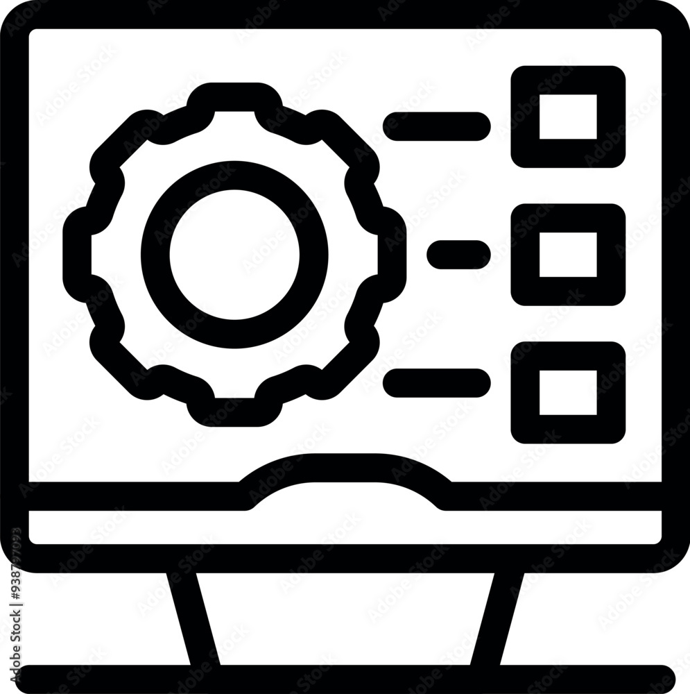 Poster computer screen displaying a gear icon, symbolizing the ongoing software development process