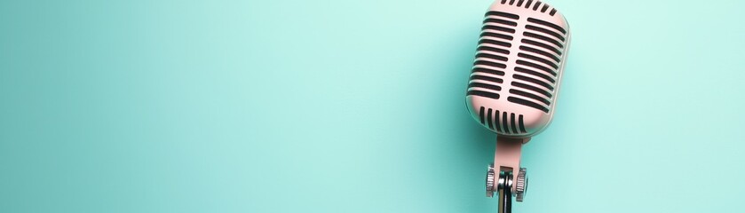 Retro microphone on a soft teal background, perfect for music, podcasts, or vocal events, capturing creativity and sound.