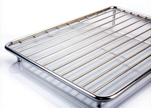 A sleek oven rack stands alone on a pristine white backdrop, its metallic surface meticulously capturing the intricate details of parallel bars in razor-sharp focus.