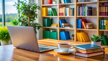 Knowledge acquisition in motion, laptop and books on a desk, as coffee fuel for a bright future in learning and professional development unfolds.