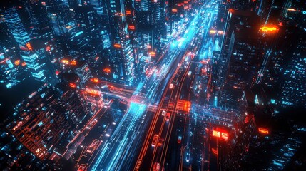 Fototapeta premium A vibrant smart city at night, illuminated by thousands of energy-efficient lights, autonomous vehicles moving seamlessly through the streets, drones patrolling the skies, AI-driven traffic systems