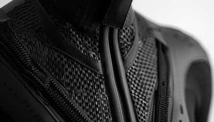 Close-up of a modern athletic garment showcasing an intricate black design, emphasizing texture and innovation in sportswear.