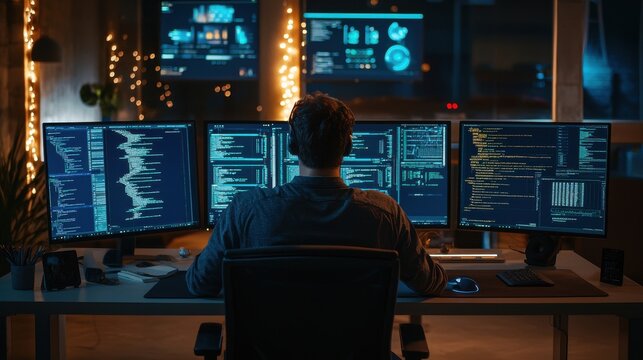 A programmer deeply focused on analyzing complex code displayed on multiple monitors AI-generated suggestions and visualizations assisting in code optimization modern workspace filled with advanced