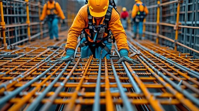 employees on construction sites donning equipment-protective safety harnesses with rope access