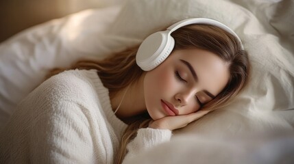 Obraz premium A woman is sleeping with headphones on