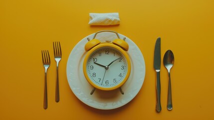 Naklejka premium Time to Eat Concept with Alarm Clock on a Plate