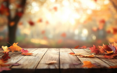 Fallen leaves on wooden tabletop with autumn blurred background. Maple leaves with vibrant backlight from the setting sun. Cozy harvest season atmosphere  - Powered by Adobe