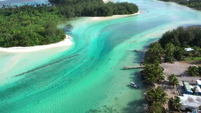 Cook Islands. Beautiful marine lagoon on the tropical island of Rarotonga. View from above.