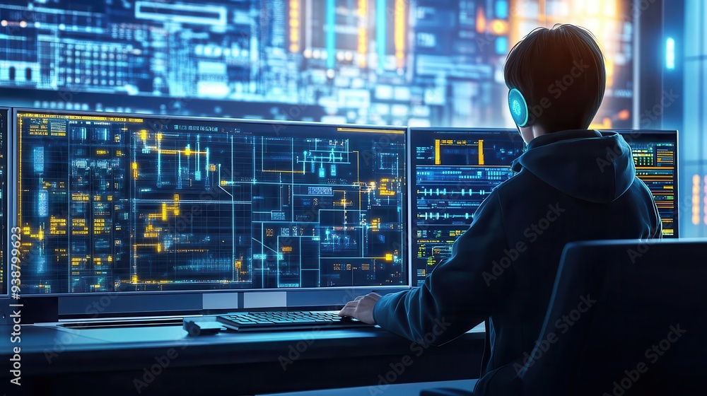 Wall mural a focused individual monitors complex data on multiple screens in a modern tech environment, showcas
