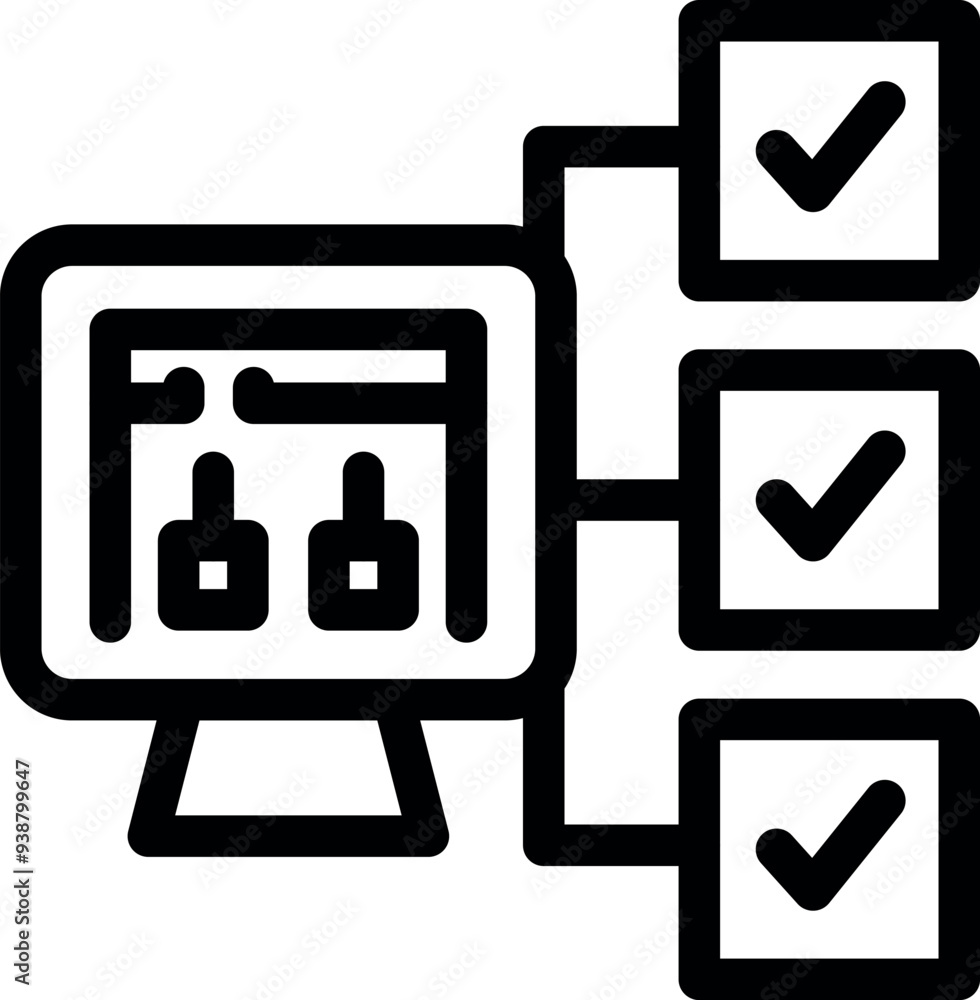 Poster line icon of website development process with check marks representing completed tasks