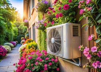 The air conditioning unit blends seamlessly into the idyllic surroundings, its efficient cooling abilities subtly evident as it cools the air amidst the lush greenery and vibrant blooms.