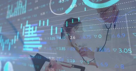 Financial data and stock market animation over doctors discussing medical records - Powered by Adobe