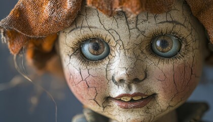 Closeup of a vintage doll with cracked porcelain skin and a sinister smile, symbolizing creepy Halloween spookiness