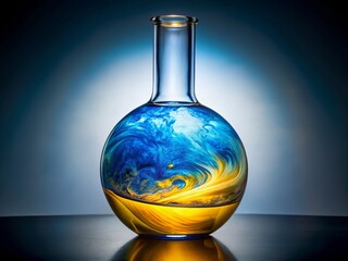 Round-bottom flask filled with swirling liquid solutions of vibrant blue and yellow colors, subtle lighting highlighting intricate glass details, evoking sense of scientific discovery and fragility
