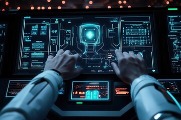 Futuristic control panel with hands navigating advanced technology, illustrating digital interface and high-tech interaction.
