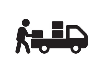 Loading truck icon with person loading boxes onto vehicle for delivery