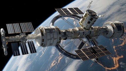 3D representation of room station at Earth planet circle. Great computerized space workmanship in 5K - realistic visualization