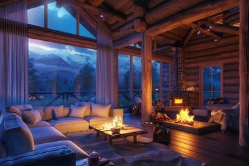 Home mockup cozy log cabin interior background 3d