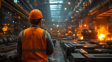 A man in an orange safety vest stands in a factory