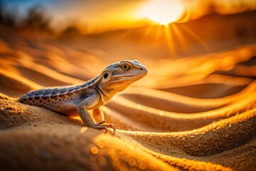 Fototapeta premium Softly scaled lizard blending seamlessly into sandy dunes under warm golden light, shot from a tilted angle with shallow depth of field, rich textures and warm tones.