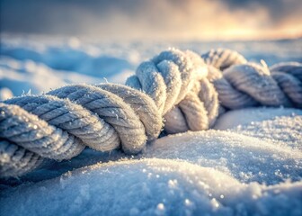 "Rope intertwined in snowdrift's textured folds, silvery threads glisten beneath winter's pale light, Worm's Eye View Shot captures intricacy  