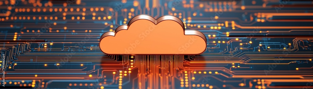 Poster stylish cloud icon on a colorful circuit board, symbolizing cloud computing and digital technology a