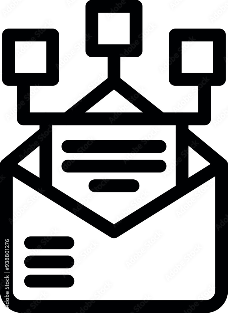 Poster open envelope with a document coming out of it and connecting to three squares representing sharing