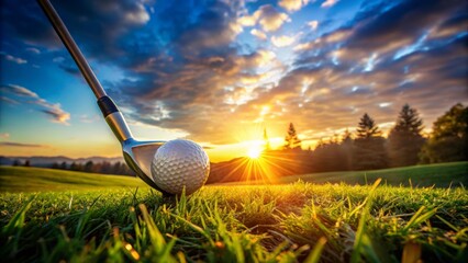 Hole one golfing photograph featuring dramatic close-up of perfectly aligned golf club striking majestic ball surrounded by lush green grass 