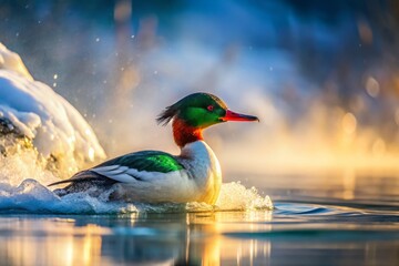 Obraz premium Diving merganser Common merganser plunging into icy waters, surrounded by ripples and misty veil 
