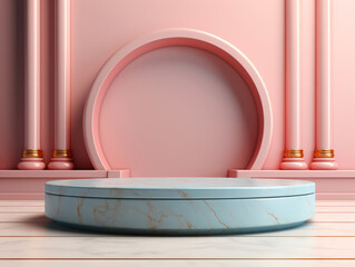 A white and gold of a nature marble platform surrounded by rocks with dramatic lighting